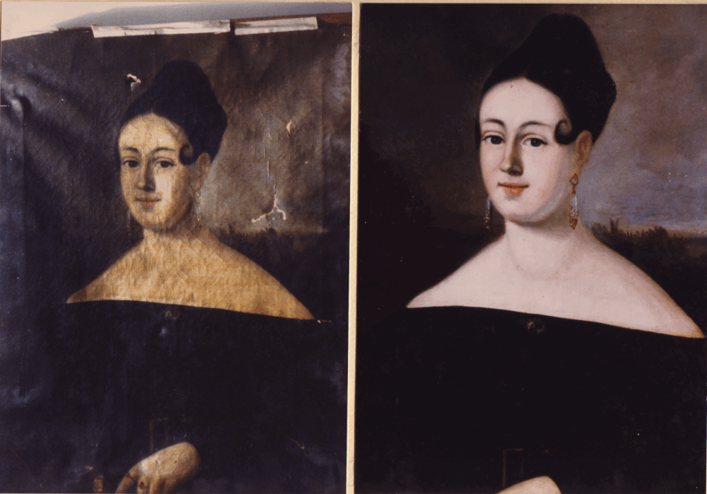 Side-by-side comparison of an old, damaged painting and its restored version depicting a woman in a dark dress with earrings.