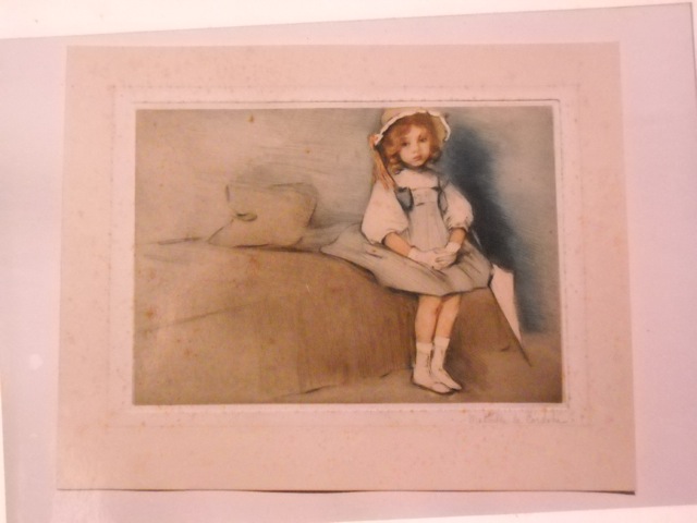 Illustration of a young girl with red hair, dressed in a white dress and hat, sitting on a bed with a neutral background.