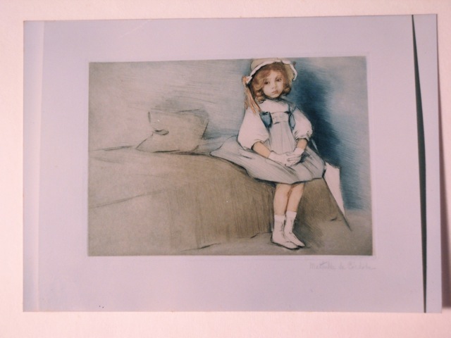 A drawing of a young girl in a dress and bonnet, sitting on the edge of a bed with a somber expression.